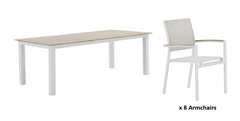 Naterial Clara Dining Set With 8 Armchairs - Table 2x1m Aluminum Synthetic Wood - White