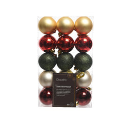 Decoris Shatterproof Bauble Box of 30 Pieces 6cm - Red, Gold, Oxblood, Pearl and Green