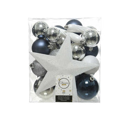 Decoris Shatterproof Bauble Set of 33 Pieces with Tree Topper - Blue Mixed Colours