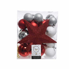 Decoris Shatterproof Bauble Set of 33 Pieces with Tree Topper - Red/ Silver Mixed Colours