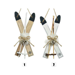 Decoris Hanging Plywood Pair of Skis with Silver Bells - 2 Assorted Colours