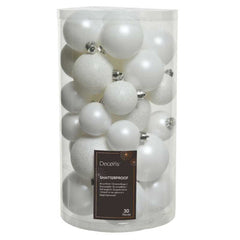 Decoris Shatterproof Baubles Tube of 30 Pieces Mixed Sizes - Winter White