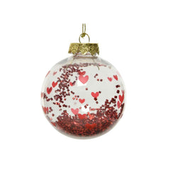Decoris Shatterproof Bauble with Hearts and Confetti 8cm - Transparent and Red