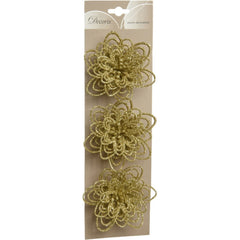 Decoris Clip-On Plastic Flower Set of 3 with Glitter 10cm - Gold