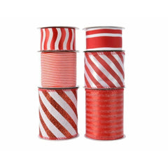 Decoris Polyester Ribbon Striped Red/ White - 6 Assorted