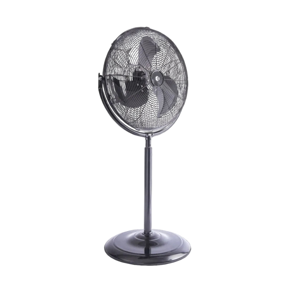 A black metal pedestal fan with adjustable height and a round base, featuring a traditional design with a visible fan blade and protective grills.