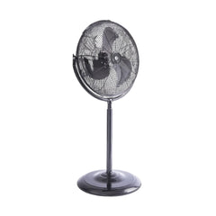 A black metal pedestal fan with adjustable height and a round base, featuring a traditional design with a visible fan blade and protective grills.