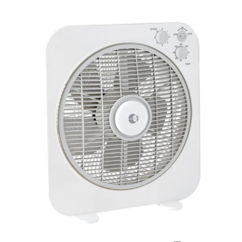 White box fan with control knobs on a white background