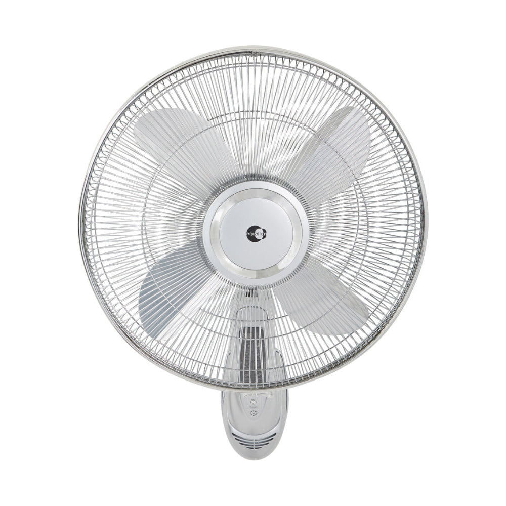 A silver wall-mounted fan with a remote control, viewed from the front.