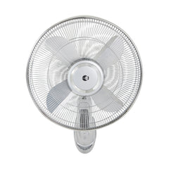 A silver wall-mounted fan with a remote control, viewed from the front.