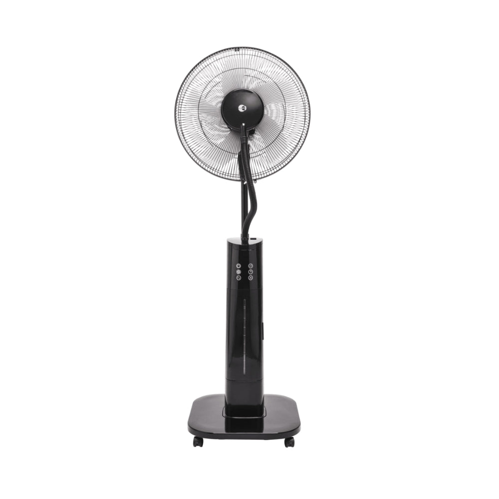 A black pedestal fan with a misting nozzle at the center of the fan's blade assembly, mounted on a circular base with caster wheels for mobility.