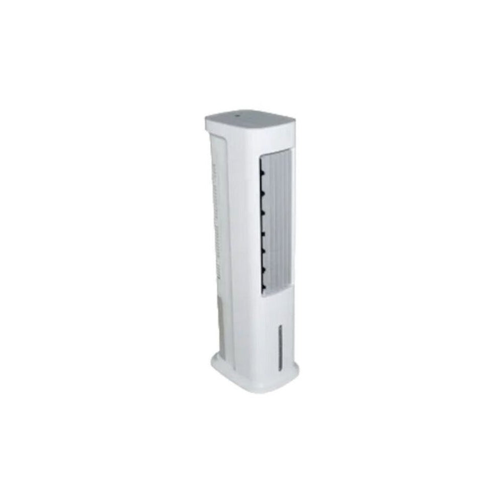 A white cube-shaped tower air cooler with a carrying handle, display panel, and multiple control buttons.