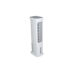A white cube-shaped tower air cooler with a carrying handle, display panel, and multiple control buttons.
