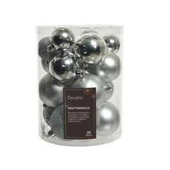 Decoris Shatterproof Baubles Tube of 20 Pieces Mixed Sizes - Silver
