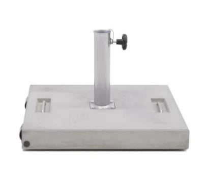 A square concrete weight block with a central metal post and a black adjustment knob, shown on a white background with a black border.