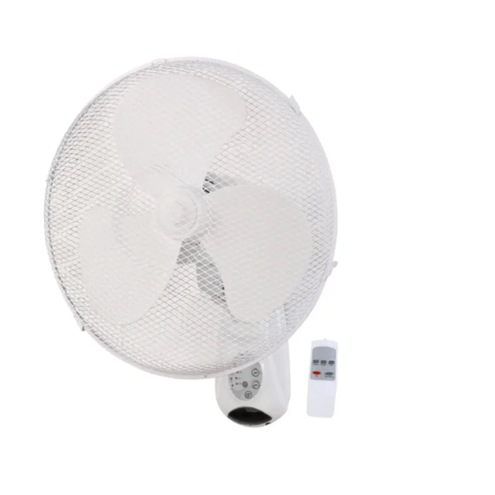 A white wall-mounted fan with a remote control.