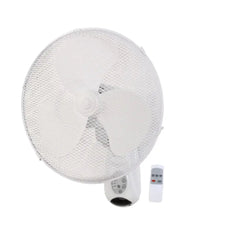 A white wall-mounted fan with a remote control.