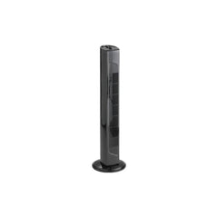 A black column fan with an oscillating head, featuring a control panel at the bottom.