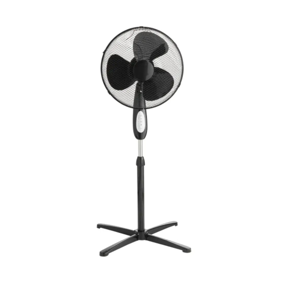 A black standing fan with a remote control featuring a simple circular design with buttons for power, volume, and channel adjustments.