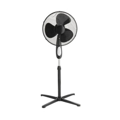 A black standing fan with a remote control featuring a simple circular design with buttons for power, volume, and channel adjustments.