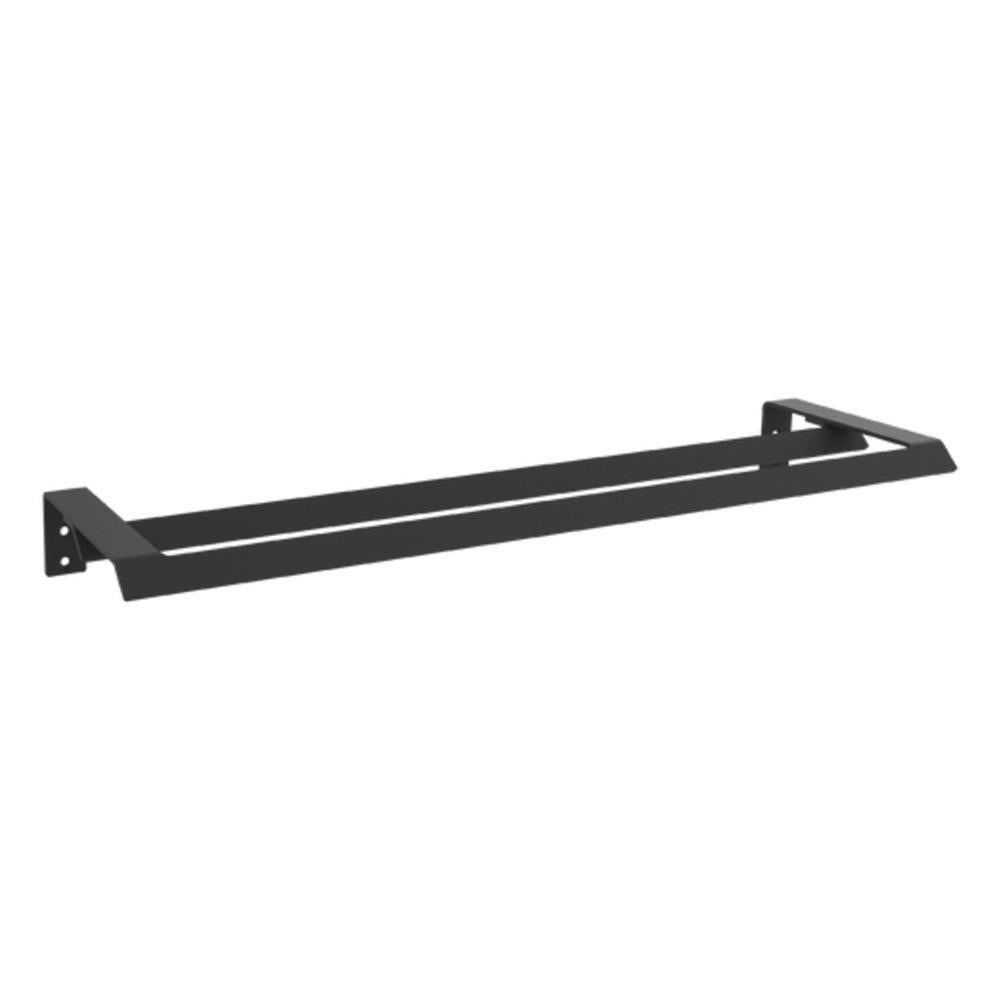 A black double towel holder made of steel, with a forged finish and a horizontal design.