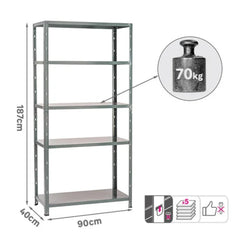 Spaceo Metal Shelf Unit of 5 Shelves 70kg 187cm x 90cm x 40cm - Grey