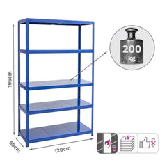 Spaceo Metal Shelf Unit of 5 Shelves 200kg 196cm x 120cm x 50cm - Blue
