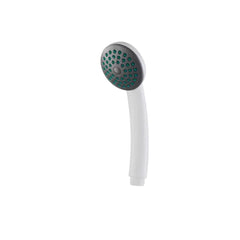 A white handheld shower head with multiple nozzles, depicted against a plain background.