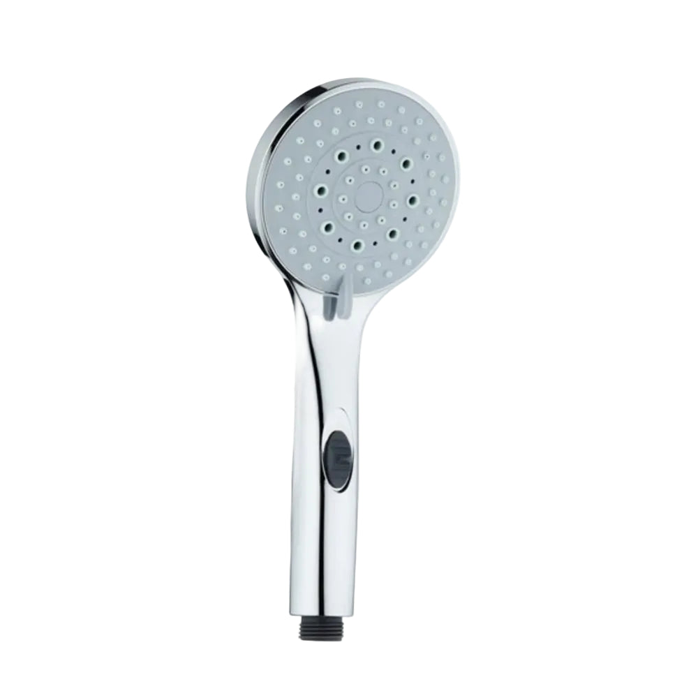 A Sensea Cinco hand shower with chrome finish and five jet nozzles, including a central rain shower head, attached to a long handle with an on/off eco stop button.