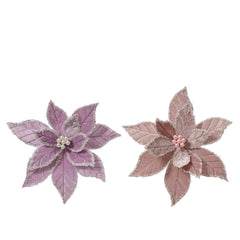 Everlands Clip-On Polyester Velvet Poinsettia with Beaded Centre and Glitter Edge 32cm - 2 Assorted