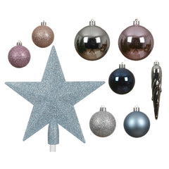 Decoris Shatterproof Bauble Set of 33 Pieces with Star Tree Topper - Ice Castle,