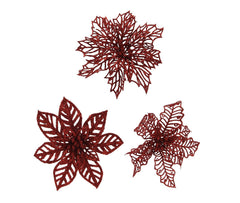 Decoris Clip-On Plastic Flower with Glitter Set of 2 Pieces - 3 Assorted Christmas Red,