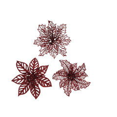Decoris Clip-On Plastic Flower with Glitter Set of 2 Pieces - 3 Assorted Oxblood,