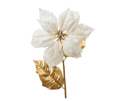 Decoris Polyester Velvet Poinsettia on Stem with Gold Leaves 67cm - White,