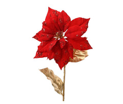 Decoris Polyester Velvet Poinsettia on Stem with Gold Leaves 67cm - Red,