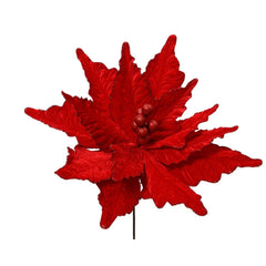 Decoris Polyester Velvet Poinsettia 50cm on Stem with Berries and Glitter Centre - Red,