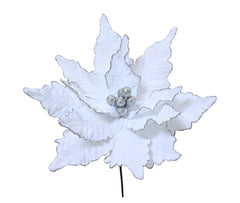Decoris Polyester Velvet Poinsettia 50cm on Stem with Berries and Glitter Centre - White,