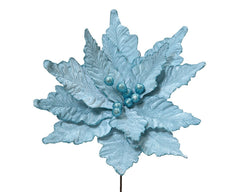 Decoris Polyester Velvet Poinsettia 50cm on Stem with Berries and Glitter Centre - Light Blue,