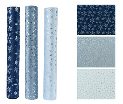 Decoris Polyster Velvet Fabric with Silver Foil Decoration 35 x 200cm - 3 Assorted Shades of Blue,