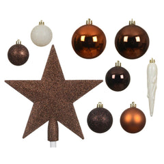 Decoris Shatterproof Bauble Set of 33 Pieces with Star Tree Topper - Wool White, Pecan & Dark Brown,