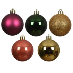 Decoris Shatterproof Bauble Box of 30 Pieces 6cm - Pine Green, Light Gold, Orange and Pomegranate,