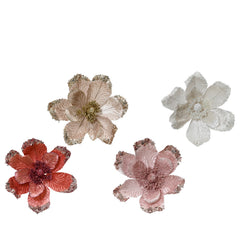 Decoris Clip-On Polyester Velvet Magnolia with Glitter Centre and Sparkle on Edge - 4 Assorted,