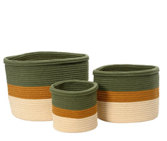 Decoris Cotton Round Basket Set of 3 Pieces - Green, Orange and Cream,