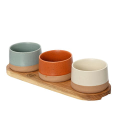 Kitchen Goods Stoneware Rectangular Tapas Set on Wooden Board 32cm - Green, Orange and Cream,