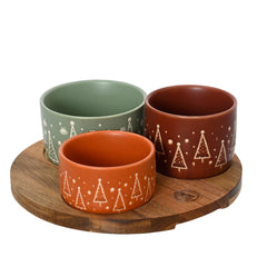 Kitchen Goods Stoneware Round Tapas Set with Wooden Base 23cm - Green, Orange and Brown,