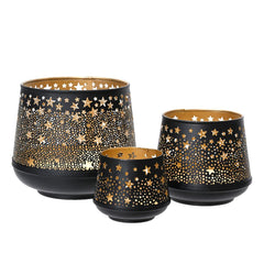 Decoris Iron Tealight Holder Set of 3 Pieces with Star Cut-Out - Black/Gold,