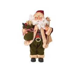 Decoris Polyester Santa Figure with Skis, Green Giftbag and Trousers 30cm,