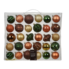 Decoris Shatterproof Bauble Set of 30 Pieces Mixed Sizes - Pine Green, Orange, Brown and Light Gold,