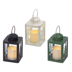 Lumineo BO Led Lantern with Flame Effect 10 x 10 x 17cm - White/Black/Green (3 Assorted)