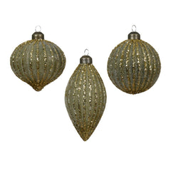 Decoris Glass Bauble with Gold Glitter Lines 8cm - Shades of Green (3 Assorted)